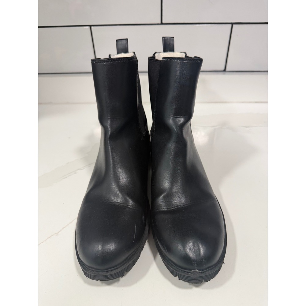 Loft Womens Black Faux Leather Faux Shearling Lined‎ Chelsea Lug Sole Boots 8.5